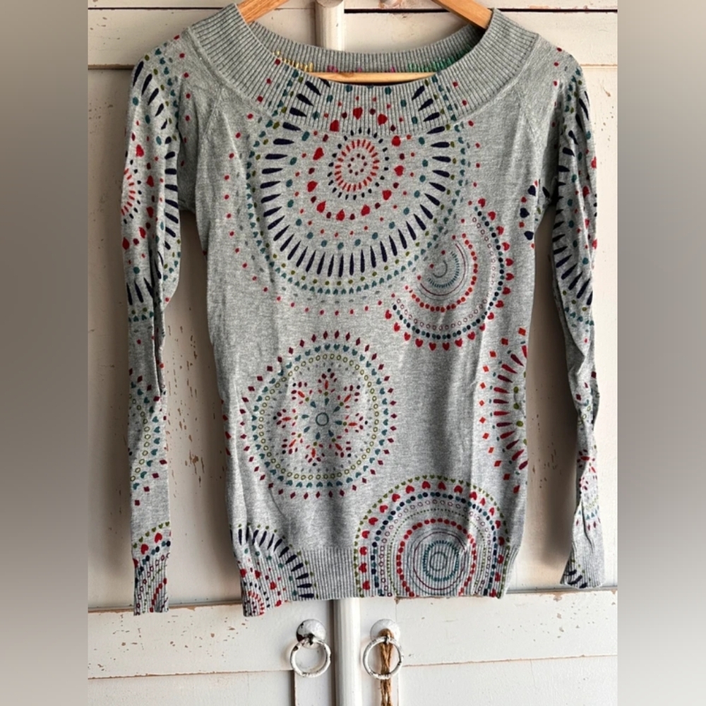 Desigual Gray Top with Colorful Circular Patterns